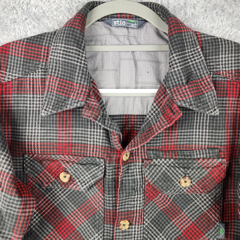 Stio Hutkeeper Heavyweight Flannel Shirt Mens Small Gray Plaid Pockets Shacket